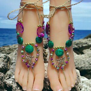 Butterfly Green & Purple Gemstone Barefoot Sandals. Handmade foot jewelry.